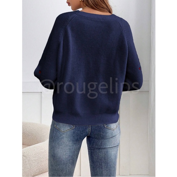 Embroidered Red Hearts Cardigan Navy Blue Oversized - Picture 4 of 9